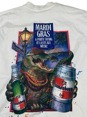Vintage 90s Kronenbourg Beer Mardi Gras Graphic T-shirt Double Sided Men’s XL